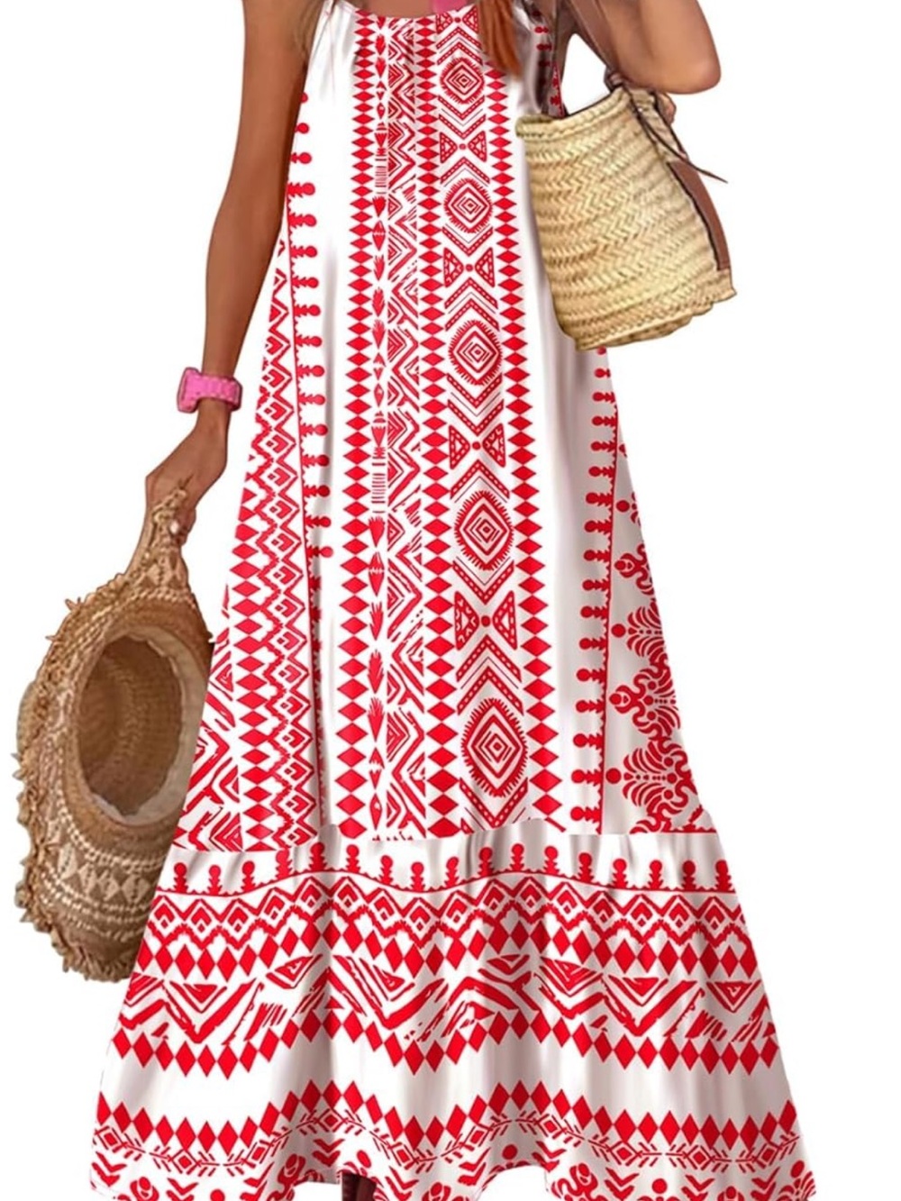 Red and White Sleeveless Maxi Dress - Spaghetti Strap Summer Style
